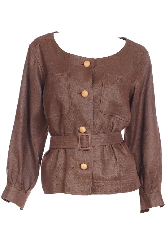 1980s Yves Saint Laurent Brown Linen Jacket w Original Belt Denim Jacket Leather Jacket Suede Jacket 1980s Yves Saint Laurent Brown Linen Jacket w Original Belt Denim Jacket Leather Jacket Suede Jacket