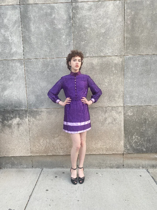 70s Purple Lace Mini Dress, High Neck Collar Stylish Plaid Mini Dress