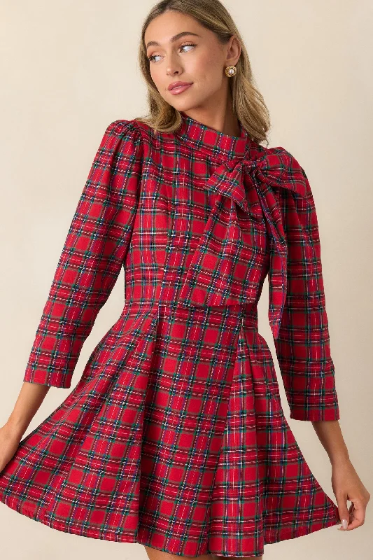 A Perfect Balance 100% Cotton Red Plaid Bow Mini Dress Elegant Tulle Mini Dress