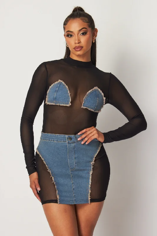 Adrienne Sheer Mesh Denim Contrast Mini Dress Elegant Off-Shoulder Dress Mini