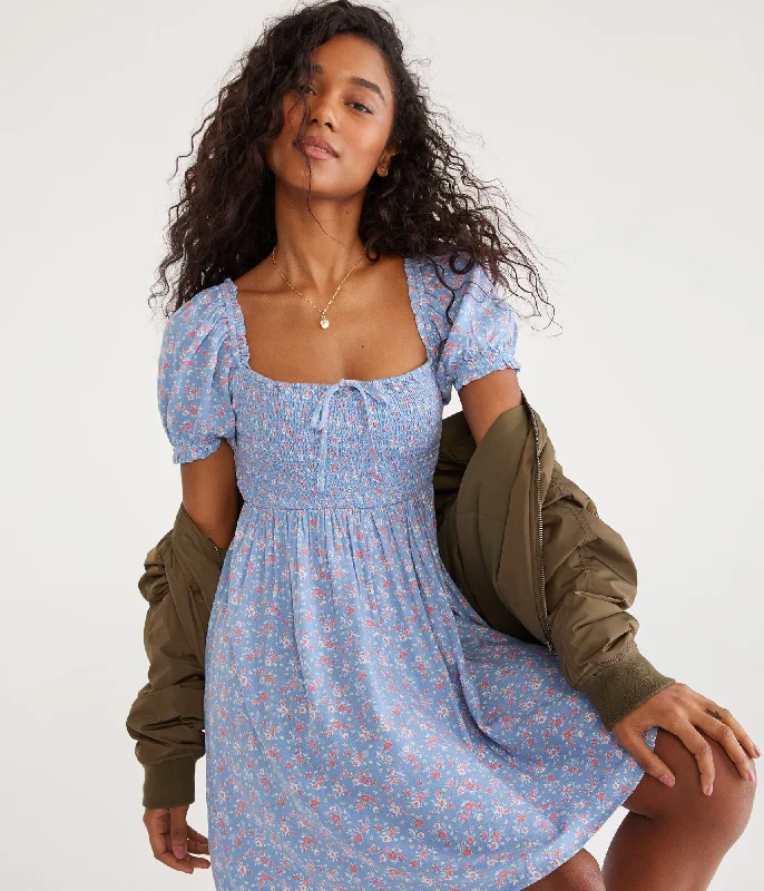 Aeropostale Floral Square-Neck Smocked Mini Dress Stylish Short-Sleeve Mini Dress