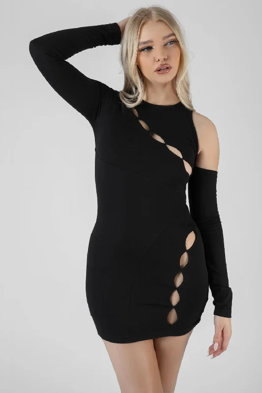 Asymmetric Button Detail Mini Dress Black Classic Striped Mini Dress