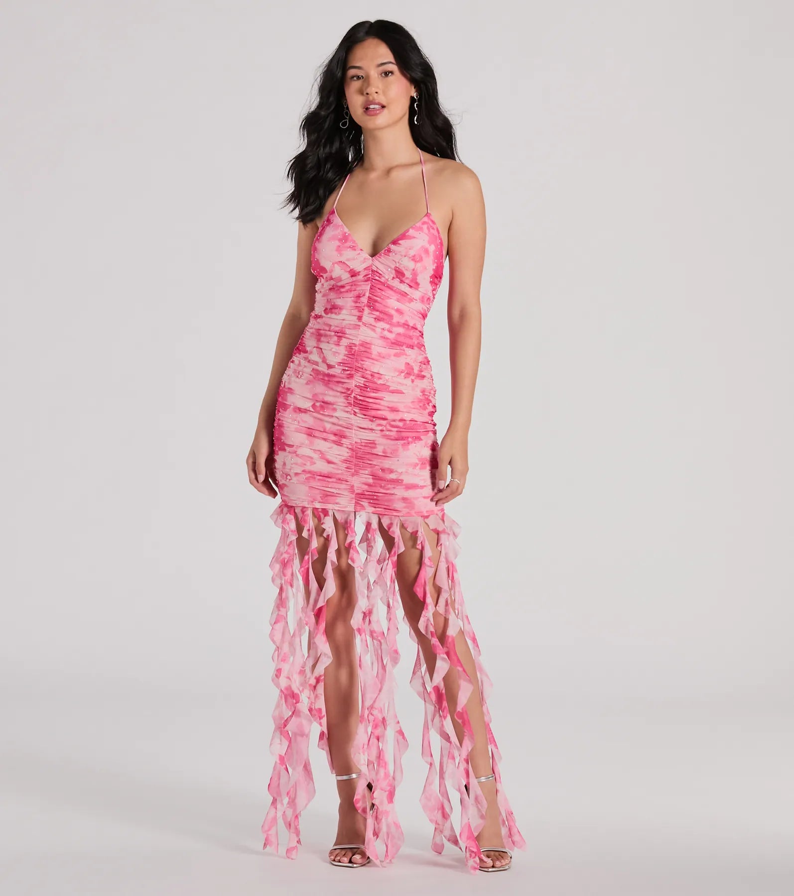 Belinda Halter Floral Rhinestone Ruffle Mini Dress Cozy Cotton Mini Dress