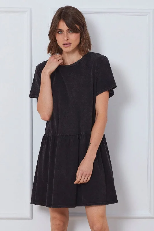 Black Mini Dress Short Sleeve Casual Button-Up Mini Dress