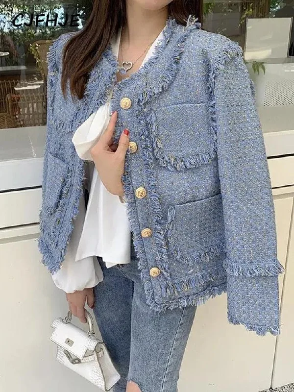 Elegant Blue Tassel Tweed Jacket Women Jersey Jacket Tulle Jacket Batik Jacket