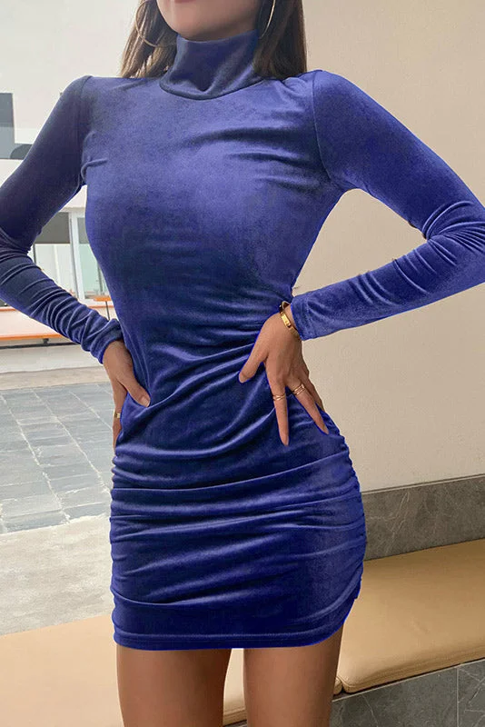 Blue Velvet High Neck Long Sleeve Mini Dress Stylish Ruffle Mini Dress