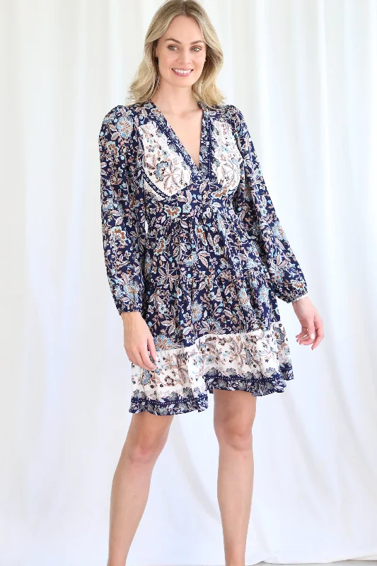 Loretta Mini Dress - Navy/Brown Comfortable Polka Dot Mini Dress