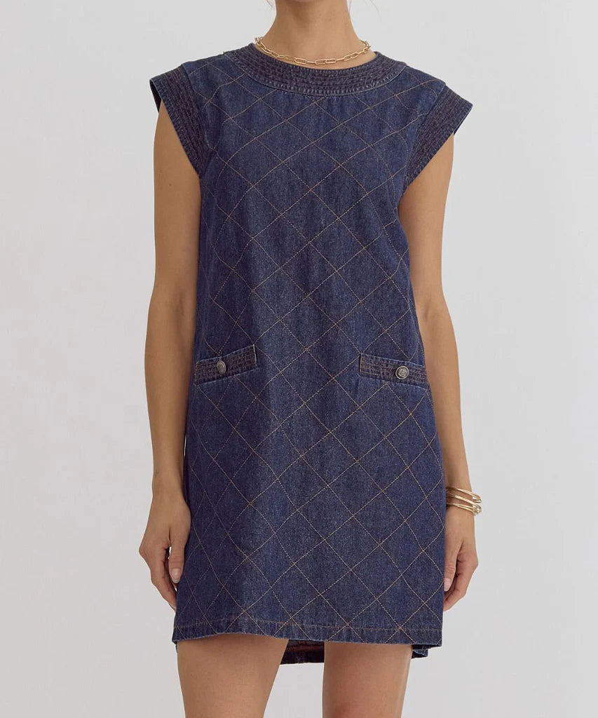 Denim Round Neck Sleeveless Mini Dress Trendy Button-Detail Mini Dress