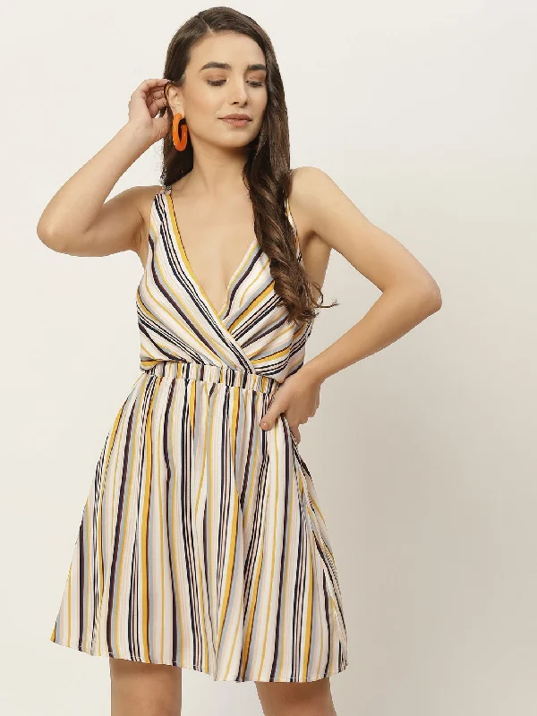 Berrylush Women White & Multicolour Stripe Printed V-Neck Open Back Straight Hem A-Line Mini Dress Cozy Sweater Mini Dress Berrylush Women White & Multicolour Stripe Printed V-Neck Open Back Straight Hem A-Line Mini Dress Cozy Sweater Mini Dress