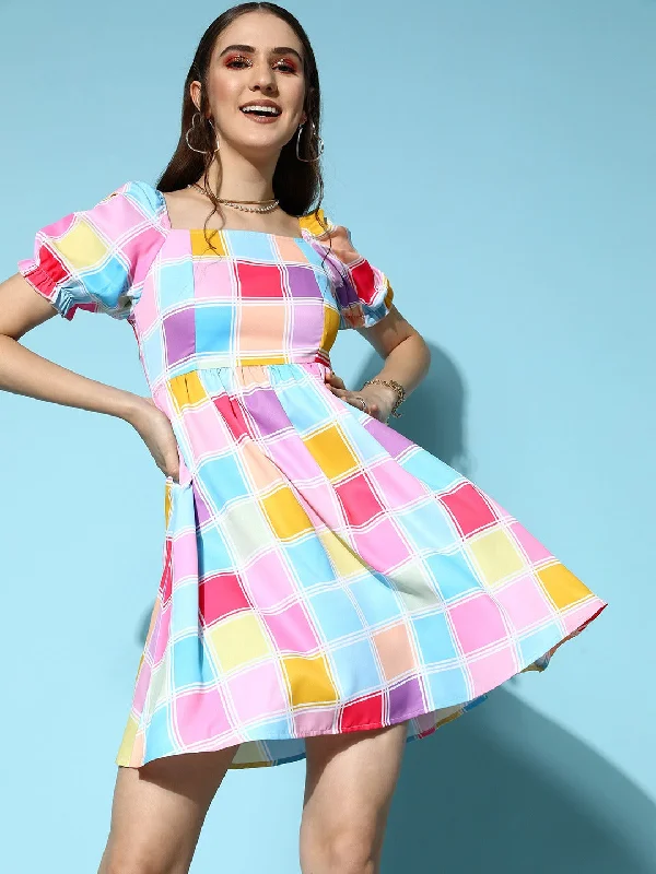 Berrylush Women Pink & Blue Check Printed Square Neck Puff Sleeve Pleated Fit & Flare Mini Dress Comfortable Smocked Mini Dress Berrylush Women Pink & Blue Check Printed Square Neck Puff Sleeve Pleated Fit & Flare Mini Dress Comfortable Smocked Mini Dress