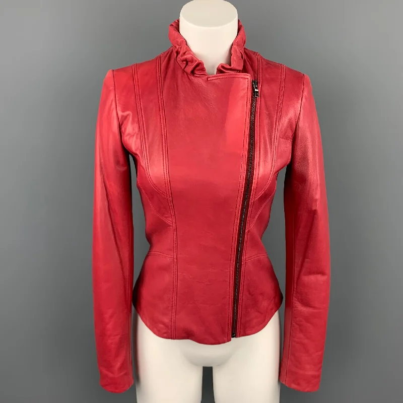 ELIE TAHARI Size XS Red Leather Ruched Collar Jacket Zippered Front Buttoned Front Snap Front ELIE TAHARI Size XS Red Leather Ruched Collar Jacket Zippered Front Buttoned Front Snap Front