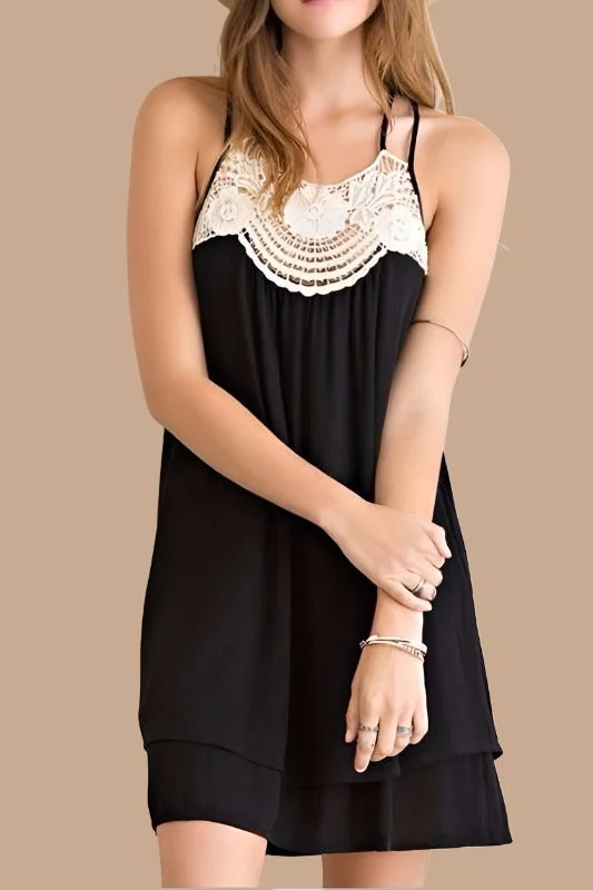 Entro Lace Panel Strappy Back Mini Dress - Black Fashionable Mini Dress with Frills