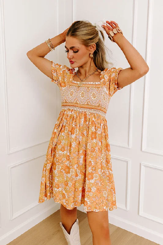 Fan Fav Smocked Floral Mini Dress in Orange Comfortable Zip-Up Mini Dress