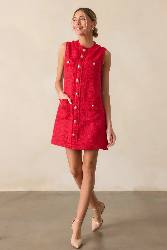 Here For It Red Tweed Mini Dress Casual High-Waist Mini Dress