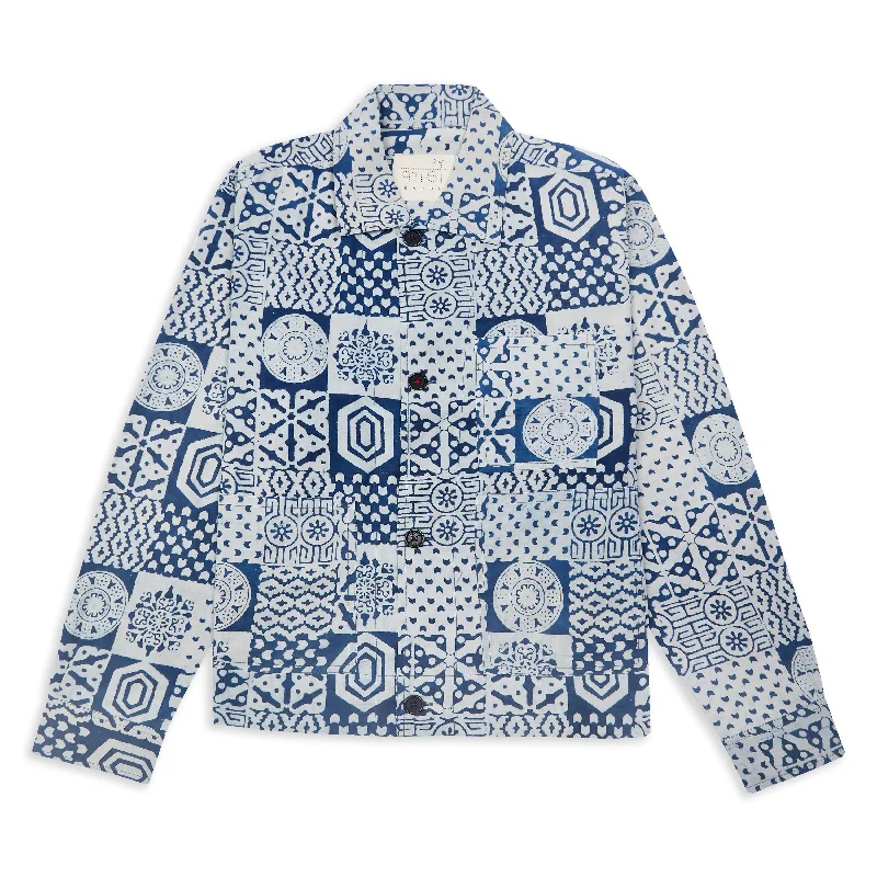 Bodhi Jacket - Block Print Blue Welt Pockets Slit Pockets Flap Pockets