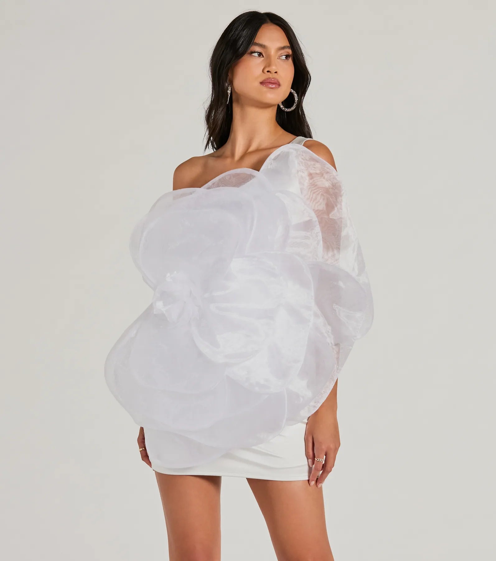 Kerry One-Shoulder Flower Satin Mini Dress Trendy Wraparound Mini Dress