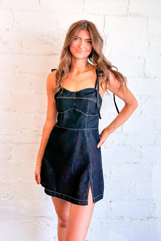 Kristen Denim Mini Dress with Tie Straps Elegant Mini Dress with Pleats