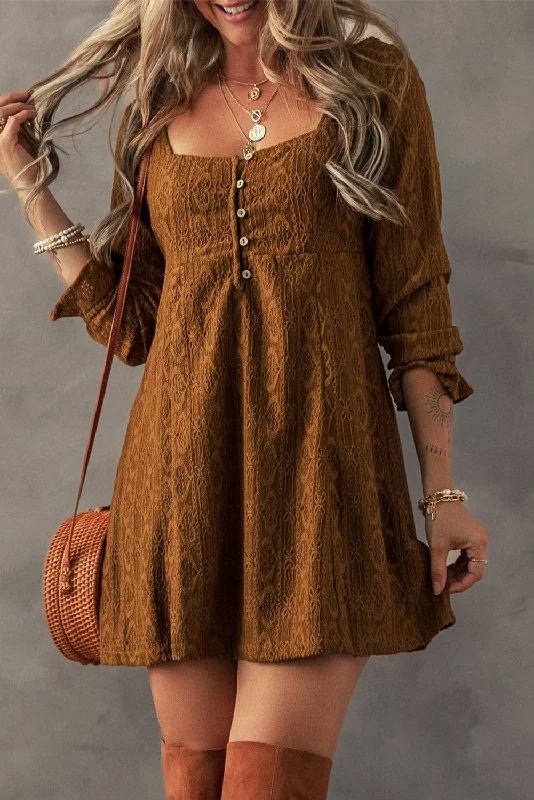 Lace Crochet Buttoned Square Neck Shift Mini Dress Comfortable Zip-Up Mini Dress