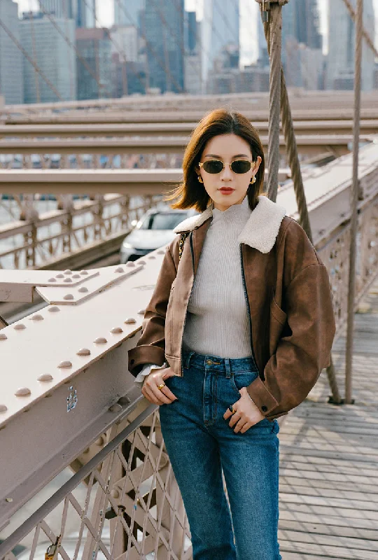 Laura Suede Jacket - Brown Stand-Up Collar Roll-Neck Collar Turtle Neck