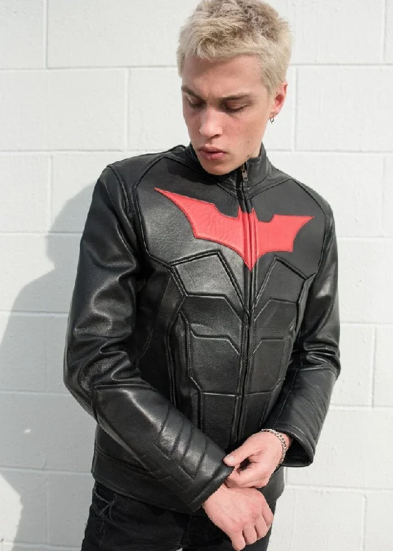 Mens Batman Armor Leather Motorcycle Jacket Red Bat Embossed Rayon Fabric Velvet Fabric Corduroy Fabric Mens Batman Armor Leather Motorcycle Jacket Red Bat Embossed Rayon Fabric Velvet Fabric Corduroy Fabric