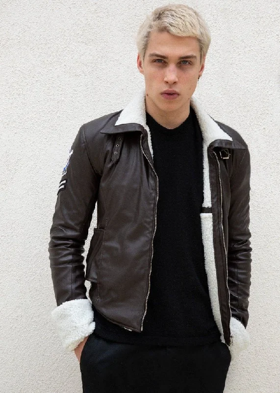 Mens Tracer Jacket Brown Leather White Fur Lining Bomber Zippered Jacket Buttoned Jacket Snapped Jacket Mens Tracer Jacket Brown Leather White Fur Lining Bomber Zippered Jacket Buttoned Jacket Snapped Jacket