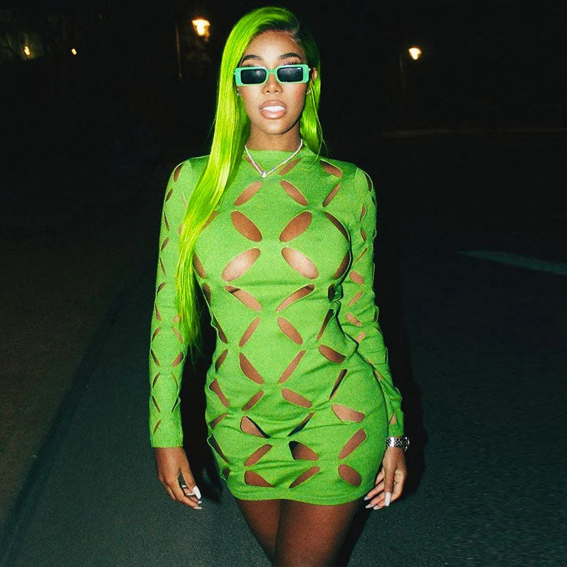 Cut Out Crew Neck Long Sleeve Bodycon Party Mini Dress - Green Stylish Plaid Mini Dress Cut Out Crew Neck Long Sleeve Bodycon Party Mini Dress - Green Stylish Plaid Mini Dress