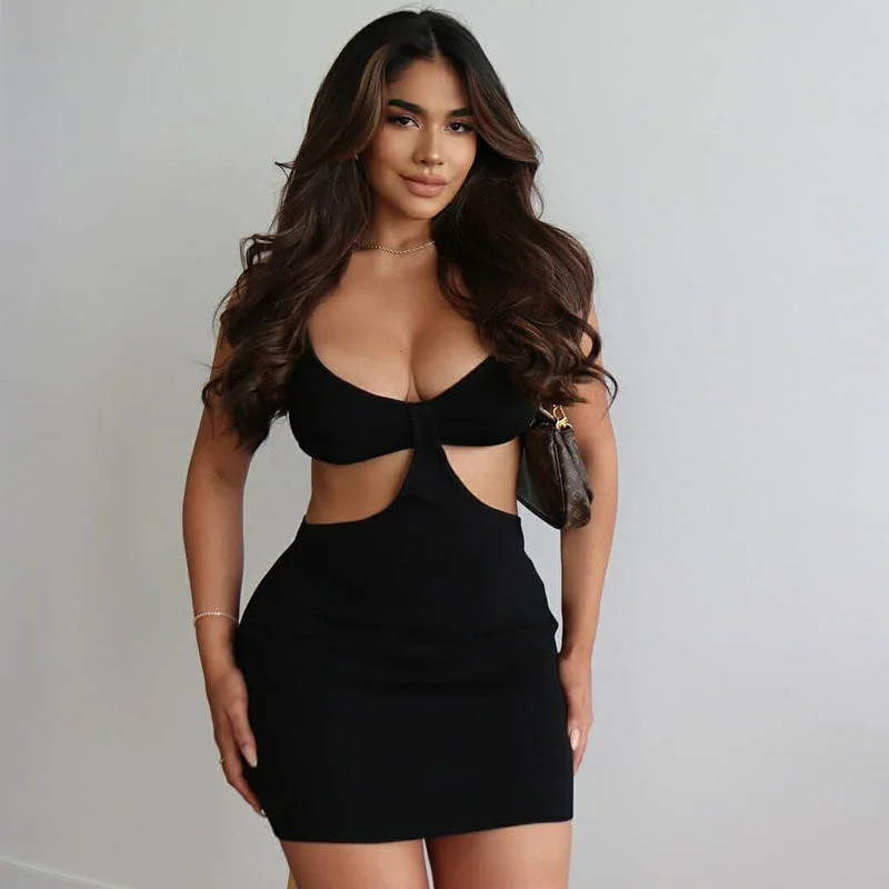 Trendy Ribbed Deep V Neck Cut Out Party Mini Dress - Black Stylish Puff Sleeve Mini Dress