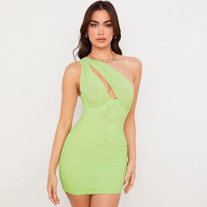Trendy One Shoulder Cut Out Ruched Mesh Party Mini Dress - Green Classic Floral Print Mini Dress Trendy One Shoulder Cut Out Ruched Mesh Party Mini Dress - Green Classic Floral Print Mini Dress