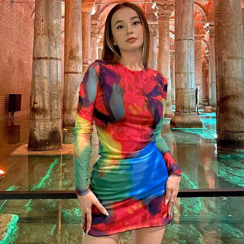Tie Dye Crew Neck Long Sleeve Cut Out Bodycon Mini Dress - Multicolor Trendy Denim Mini Dress Tie Dye Crew Neck Long Sleeve Cut Out Bodycon Mini Dress - Multicolor Trendy Denim Mini Dress