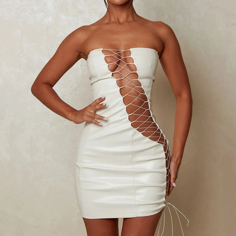Sultry Strapless Lace Up Cut Out Bodycon Club Mini Dress - White Fashionable Party Mini Dress