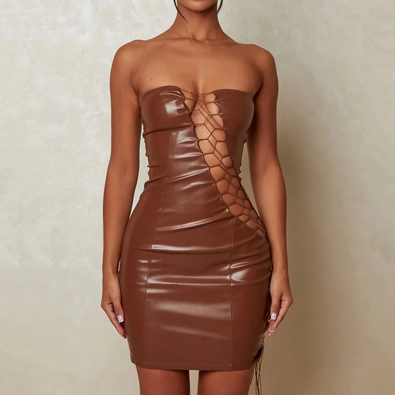 Sultry Strapless Lace Up Cut Out Bodycon Club Mini Dress - Brown Cozy Cowl Neck Mini Dress Sultry Strapless Lace Up Cut Out Bodycon Club Mini Dress - Brown Cozy Cowl Neck Mini Dress