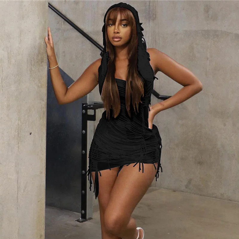 Street Style Distressed Sleeveless Low Back Hooded Mini Dress - Black Elegant Mini Dress with Ruffles