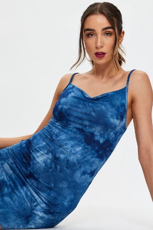 Multi Colour Tie Dye Cowl Neck Mini Dress Cozy Ribbed Mini Dress