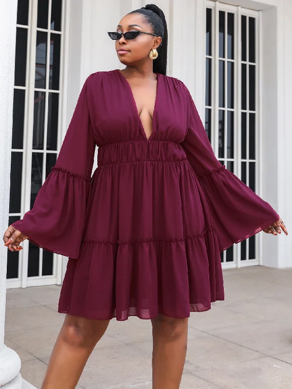 Plus Size Flare Sleeve Plunge Mini Dress Cozy Sweater Mini Dress