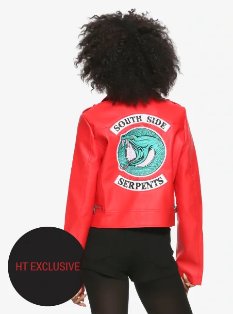 RIVERDALE CHERYL SOUTHSIDE SERPENTS FAUX LEATHER RED GIRLS JACKET HOT TOPIC EXCLUSIVE Zip Front Button Front Snap Front RIVERDALE CHERYL SOUTHSIDE SERPENTS FAUX LEATHER RED GIRLS JACKET HOT TOPIC EXCLUSIVE Zip Front Button Front Snap Front