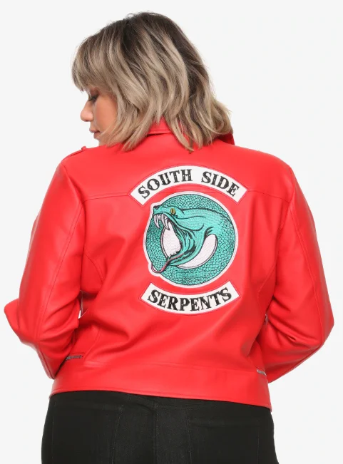RIVERDALE CHERYL SOUTHSIDE SERPENTS FAUX LEATHER RED GIRLS JACKET PLUS SIZE HOT TOPIC EXCLUSIVE Welt Pockets Slit Pockets Flap Pockets