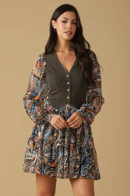SAVOR THE SEASON WOVEN AND DENIM MINI DRESS Chic Tropical Mini Dress
