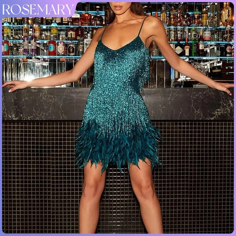 ROSEMARY Sequins Tassels Feathers Spaghetti Strap Mini Dress Elegant Silk Mini Dress ROSEMARY Sequins Tassels Feathers Spaghetti Strap Mini Dress Elegant Silk Mini Dress