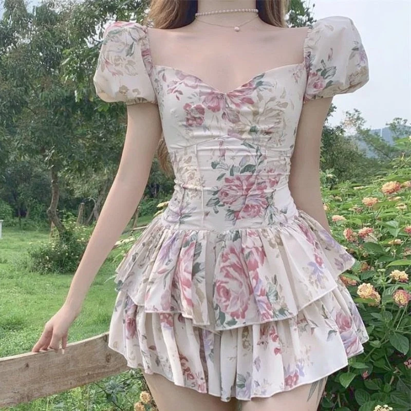 Sexy Party Mini Dresses Summer 2021 Ladies Print Puff Sleeve Club Outfits for Women Cute Bodycon Kawaii Beach Vintage Dress Boho Comfortable Smocked Mini Dress