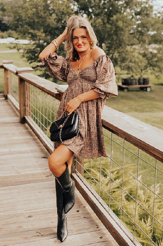 Small Town Cutie Floral Mini Dress in Mocha Trendy Denim Mini Dress