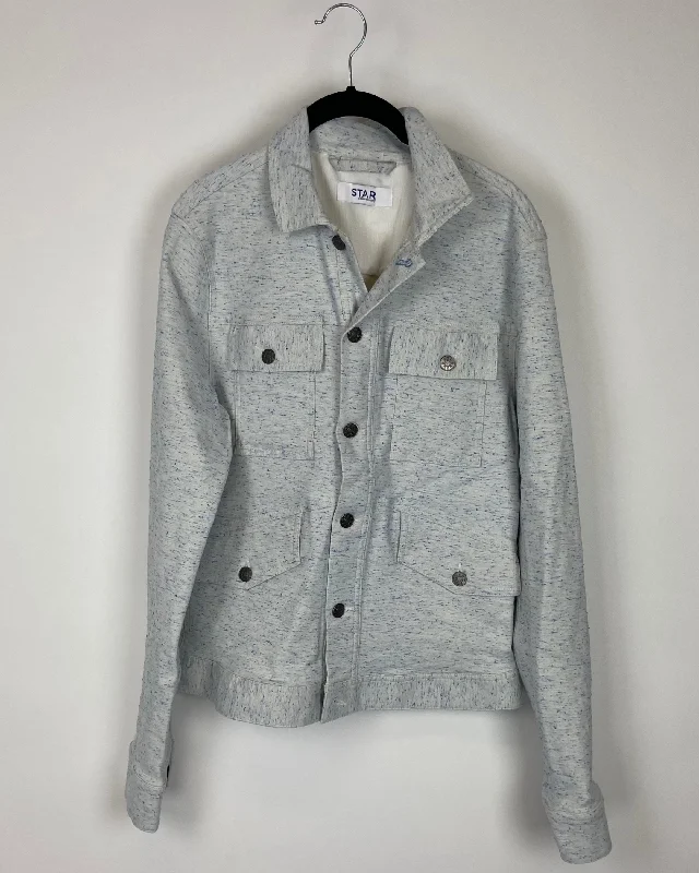 Button Up Blue and White Jacket - Small Denim Fabric Leather Fabric Suede Fabric