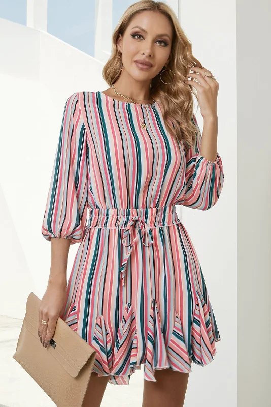 Striped Drawstring Waist Three-Quarter Sleeve Mini Dress Classic Casual Mini Dress