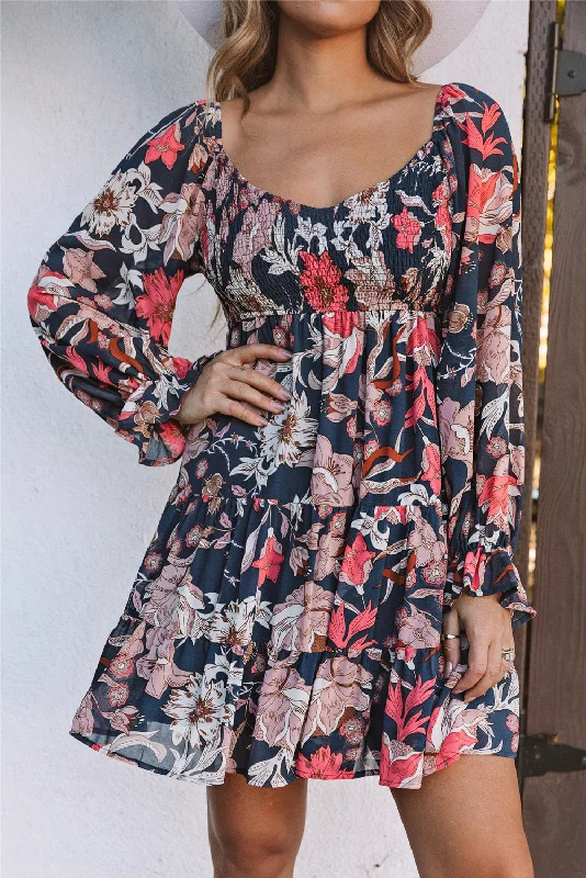 Tessa Floral Tiered Long Puff Sleeve Mini Dress Stylish Puff Sleeve Mini Dress