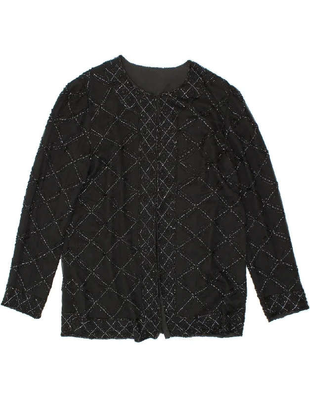VINTAGE Womens Blazer Jacket UK 16 Large Black Silk Zippered Front Buttoned Front Snap Front VINTAGE Womens Blazer Jacket UK 16 Large Black Silk Zippered Front Buttoned Front Snap Front