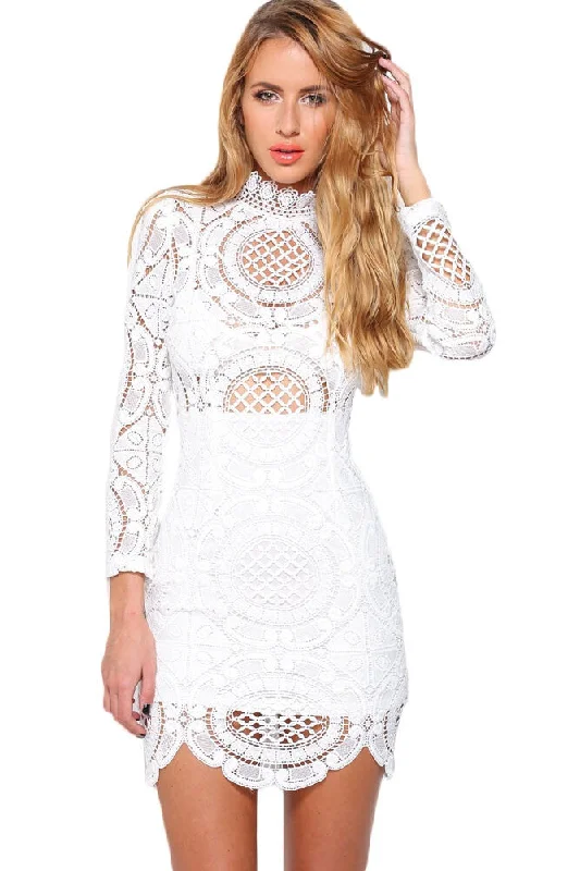 White Crochet Lace High Neck Mini Dress Elegant Off-Shoulder Dress Mini