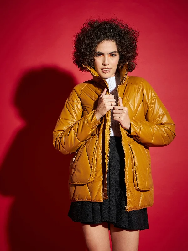 Women Mustard High Neck Diamond Quilt Puffer Jacket Denim Jacket Leather Jacket Suede Jacket Women Mustard High Neck Diamond Quilt Puffer Jacket Denim Jacket Leather Jacket Suede Jacket