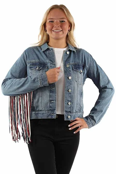 Women's Honey Creek Jacket Collection: Denim Fringe Red White Blue Tiered Jacket Buttoned Jacket Zippered Jacket Women's Honey Creek Jacket Collection: Denim Fringe Red White Blue Tiered Jacket Buttoned Jacket Zippered Jacket
