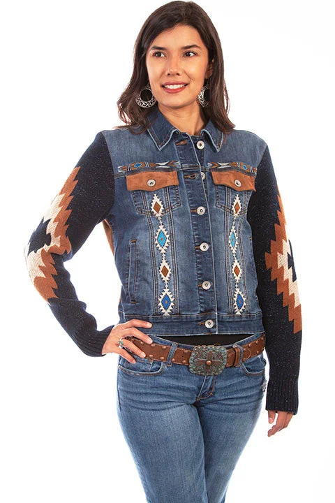 Women's Honey Creek Jacket Collection: Denim Jacket Aztec Embroidery Welt Pockets Slit Pockets Flap Pockets Women's Honey Creek Jacket Collection: Denim Jacket Aztec Embroidery Welt Pockets Slit Pockets Flap Pockets