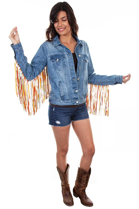 Women's Honey Creek Jacket Collection: Denim Multi-Color Fringe Zippered Front Buttoned Front Snap Front Women's Honey Creek Jacket Collection: Denim Multi-Color Fringe Zippered Front Buttoned Front Snap Front