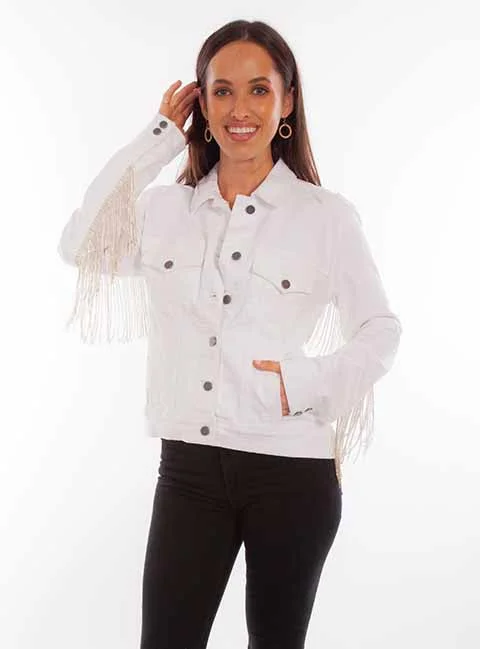 Women's Honey Creek Jacket Collection: White Denim Rhinestone Fringe Welt Pockets Slit Pockets Flap Pockets Women's Honey Creek Jacket Collection: White Denim Rhinestone Fringe Welt Pockets Slit Pockets Flap Pockets